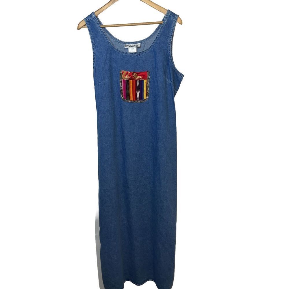 Vintage Denim Medi Maxi Dress Sz 10 P Sleeveless Jumper Embroidery